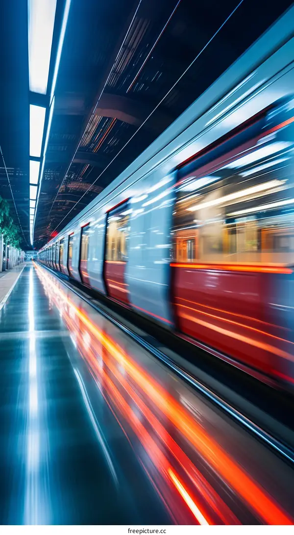 Subway train in motion with blurred lights
