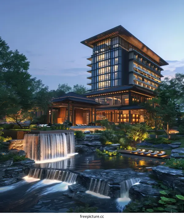 Luxury Resort Hotel at Night with Waterfalls and Gardens