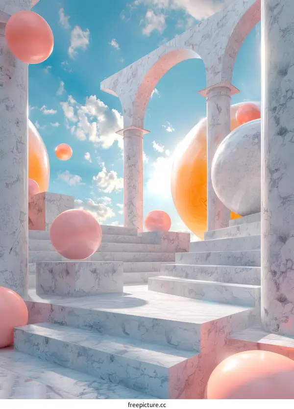 Pink and orange spheres floating in a marble structure