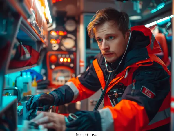paramedic checking patient's vital signs in ambulance