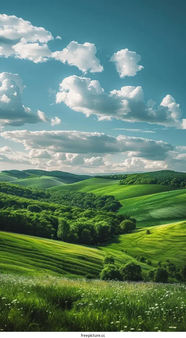 Idyllic Rolling Green Hills Under a Blue Sky