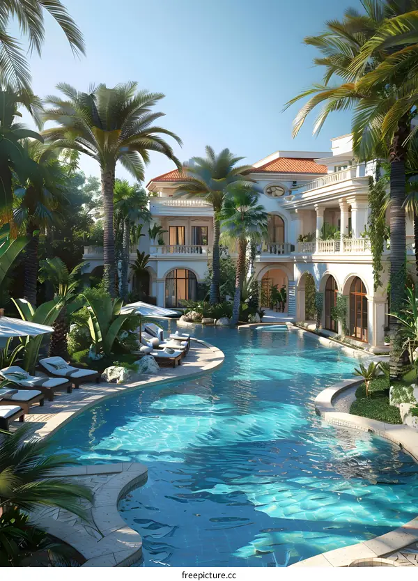 A luxurious swimming pool in a mansion surrounded by palm trees