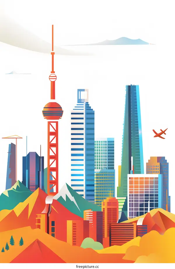 Colorful Illustration of Shanghai Skyline with Mountains and a Plane