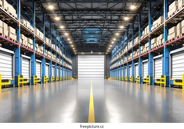 Empty Warehouse Interior With Loading Docks And Shelves