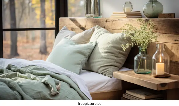 A bed made with soft green linen bedding next to a window