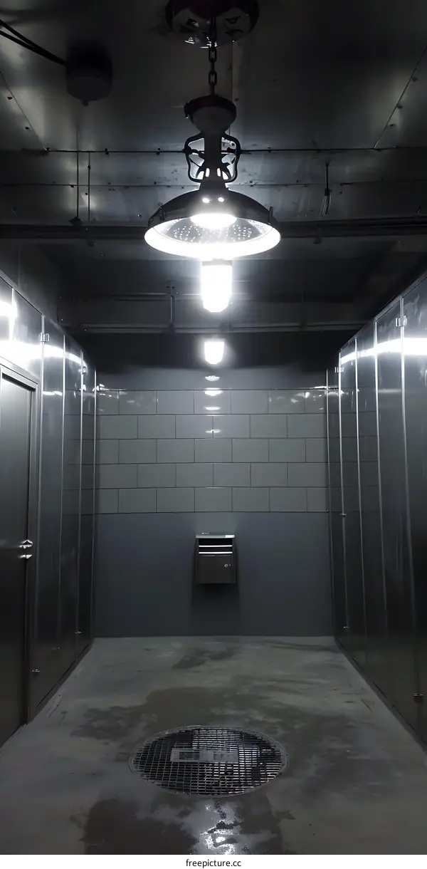 Metal Ceiling with Suspended Lighting in Industrial Building