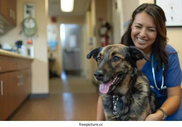 A smiling veterinarian with a dog in the clinic