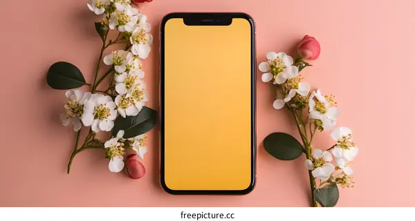 Smartphone Mockup with White Flowers on Pink Background