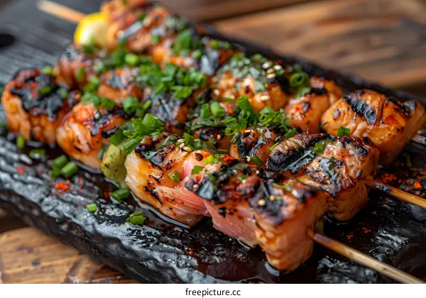 A plate of delicious grilled meat skewers with lemon and green onions.