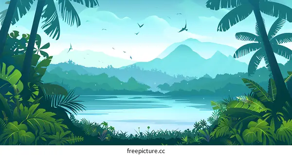 Tropical Rainforest Landscape with Mountains and Lake