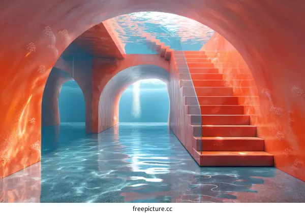 Underwater Architectural Pool with Coral-Red Walls