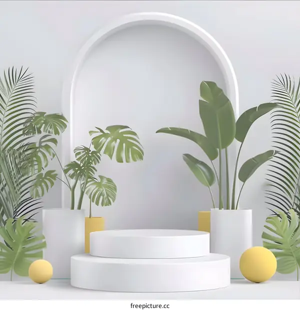 Minimalist White Background With Green Plants And Podium