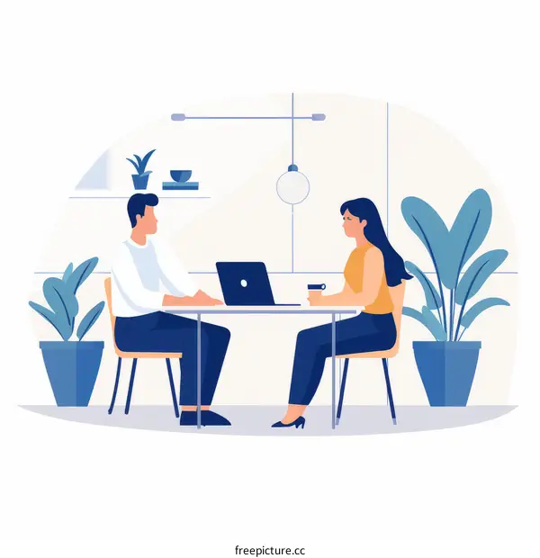 A man and a woman are sitting at a table and talking