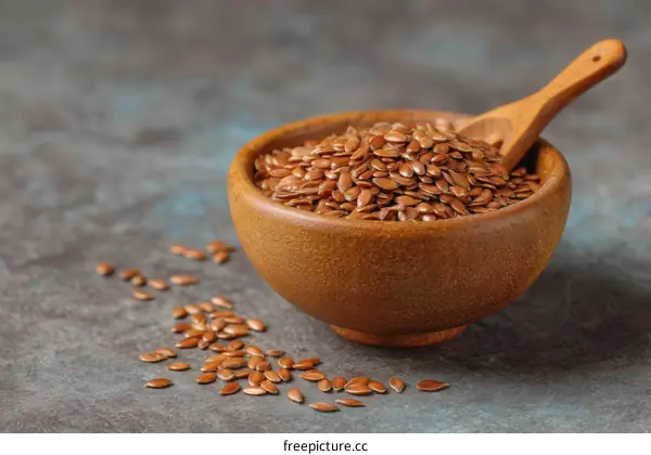Flax Seeds in Wooden Bowl on a Table