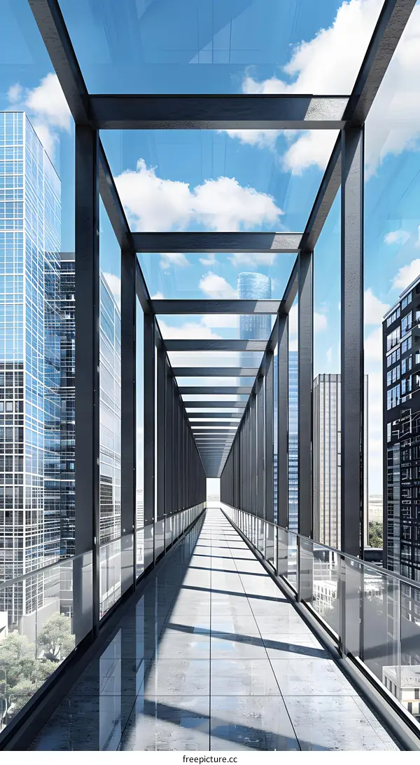 Modern Glass Walkway Between Skyscrapers with Sky View