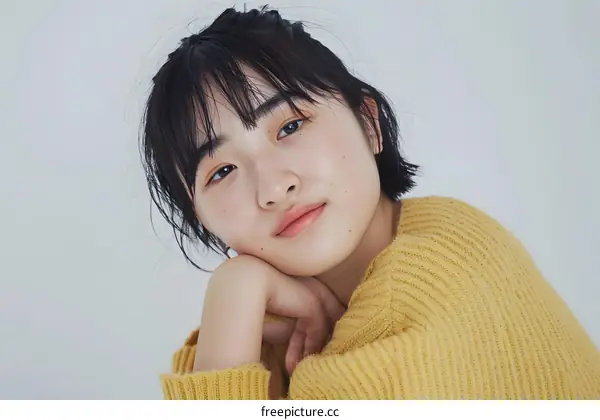 Portrait of a Young Asian Woman with Short Black Hair Wearing a Yellow Sweater
