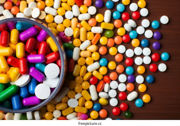 Colorful pills and capsules spilled from a container