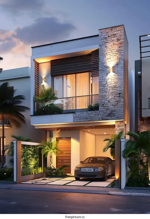 Modern House Design With Stone Facade and Balcony