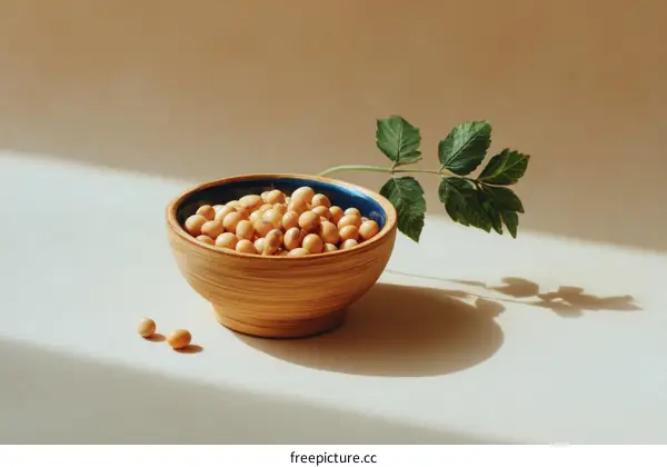 Soybeans in a Wooden Bowl with a Branch