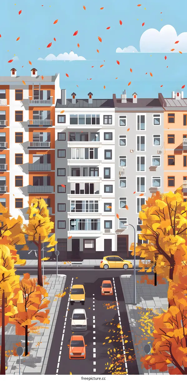 Autumn Cityscape with Cars and Falling Leaves