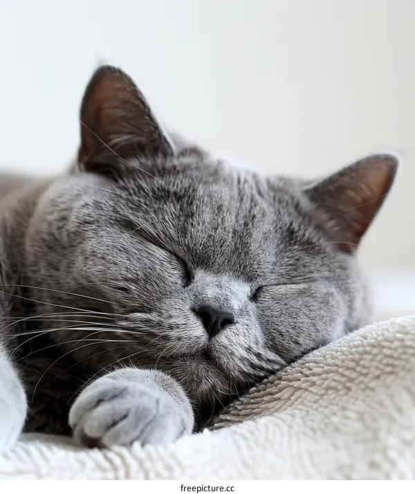 A cuddly gray British Shorthair cat is sleeping soundly on a white carpet