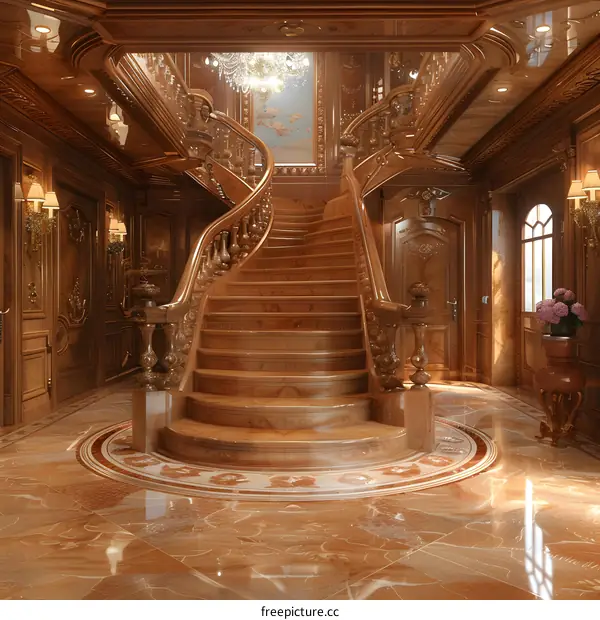 Elegant Wooden Staircase in a Grand Hallway