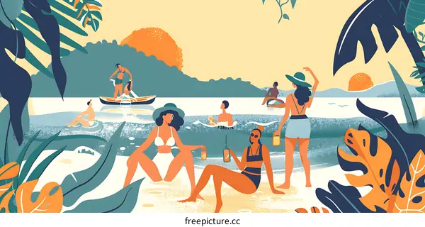Summer Beach Party Illustration with Friends Enjoying the Sun and Water