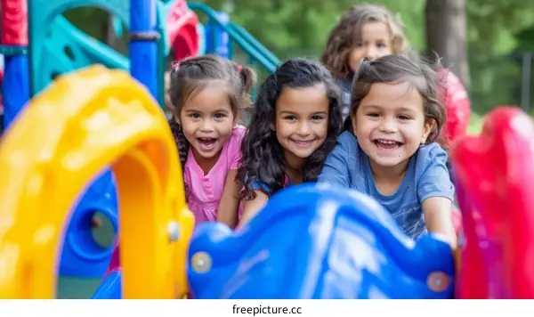 Four happy children playing on a playground slide