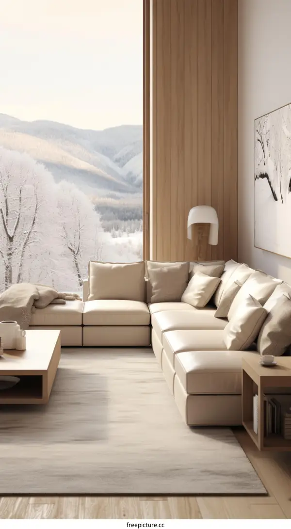 Minimalist living room with large windows and a view of the snow-capped mountains