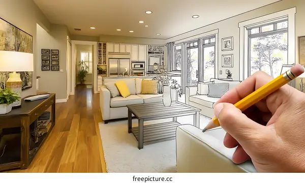 Interior Design Blueprint with a Hand Drawing