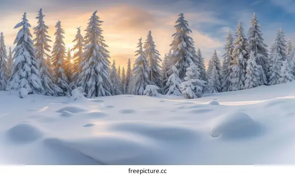A beautiful winter landscape of snow covered pine trees in the mountains