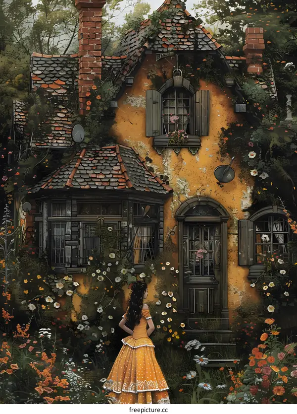 Girl in front of a cottage