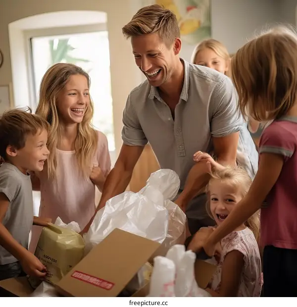 Happy family opening a package together
