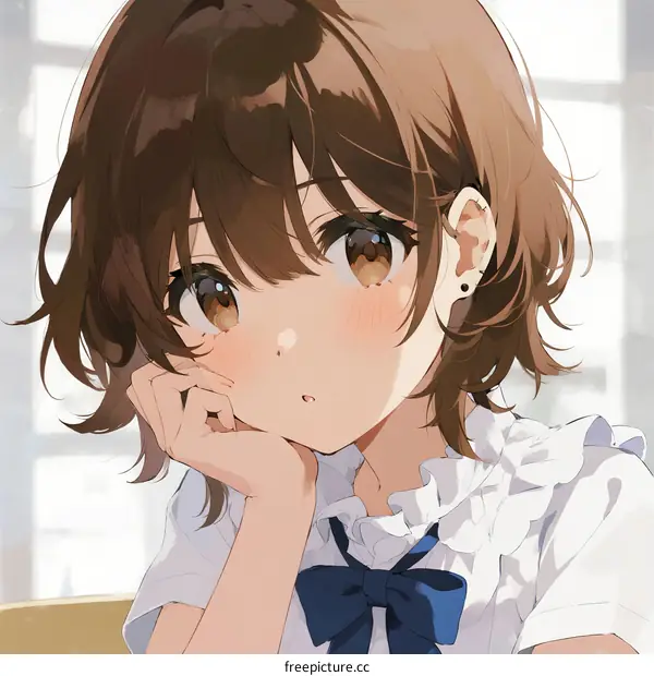 A Young Girl with Short Brown Hair Leaning on Hand