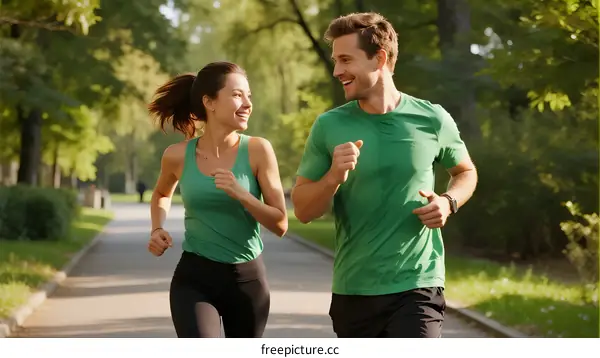 Couple jogging together in a sunny park enjoying outdoor exercise