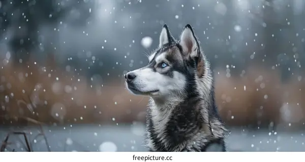 A Siberian Husky looking out into the snow