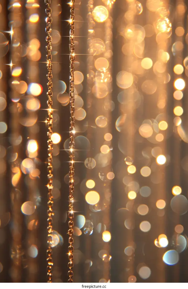 golden chains hanging with blurry lights in background