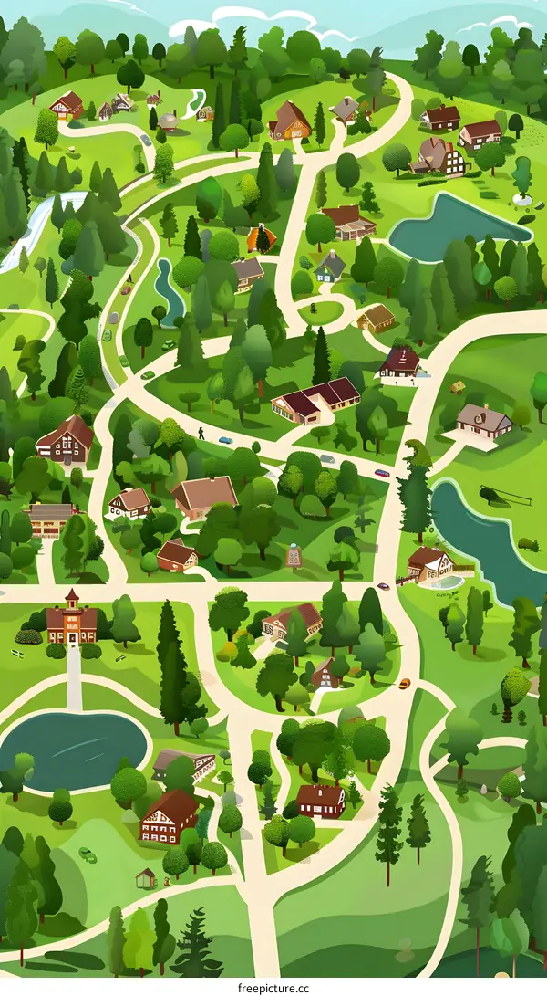 Illustrated Map of a Town with Houses and Trees