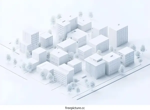 Minimalist White 3D Model of Cityscape with Buildings and Trees