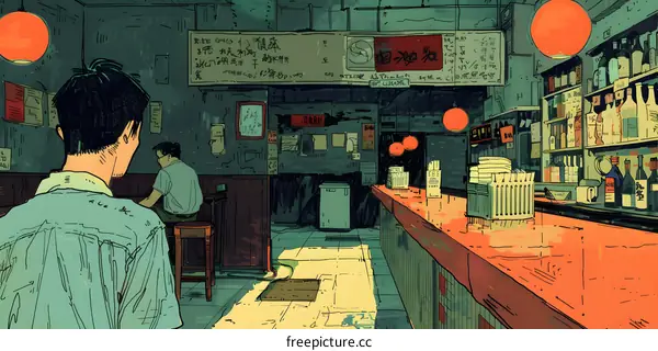 man sitting at bar counter in an izakaya