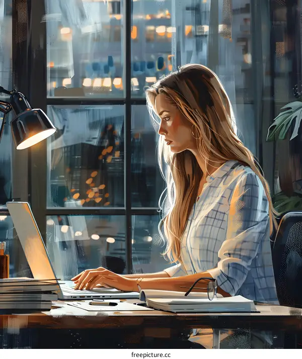 A woman is working on her laptop in a home office.