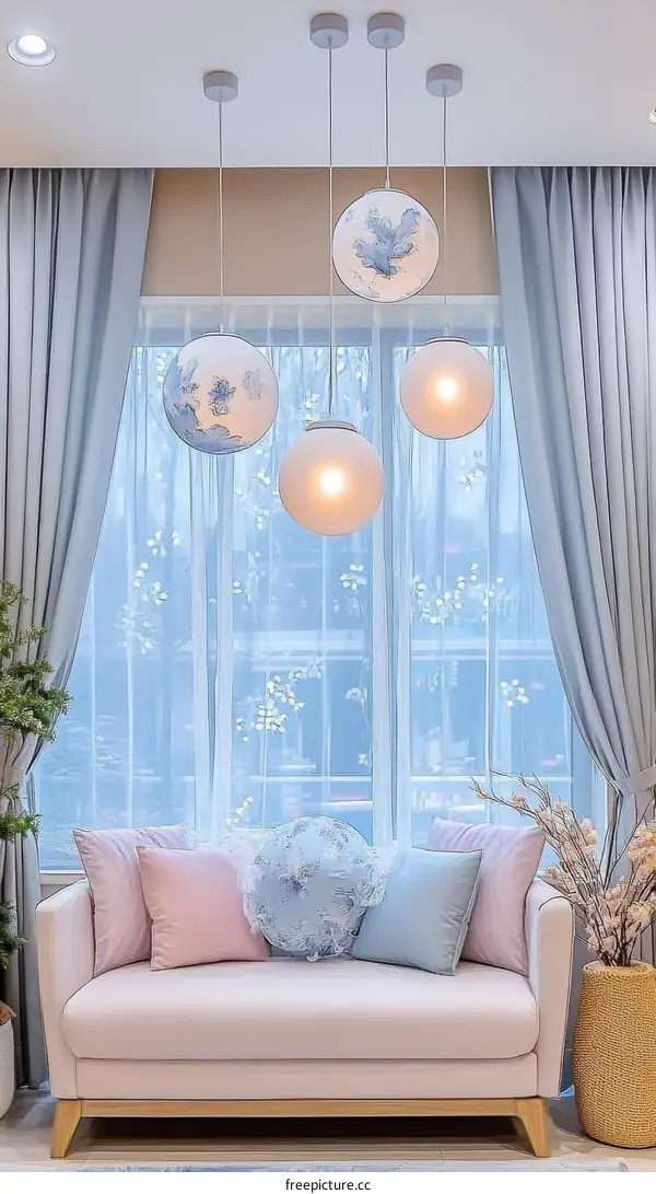 Elegant Light Pink Sofa with Blue Decorated Pendant Lamps