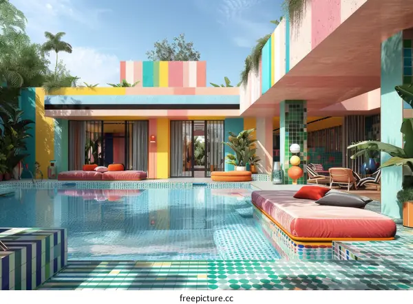A colorful and vibrant home with a pool and lots of plants