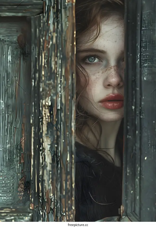 Portrait of a Woman with Freckles Peeking Through a Crack in a Weathered Wooden Door