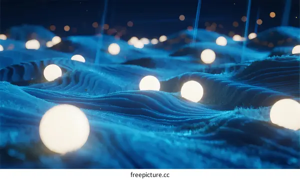 Aesthetic Floating Orbs Over Blue Wave-like Abstract Surface