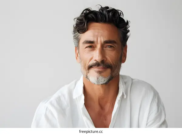 portrait of a handsome middle aged man with dark hair and beard wearing a white shirt