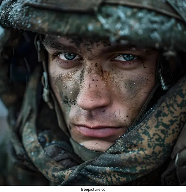 Portrait of a soldier wearing a helmet and camouflage