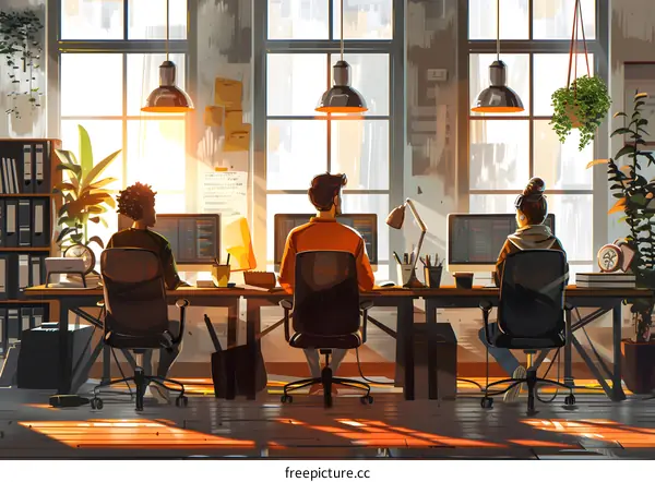 Three people working in an office