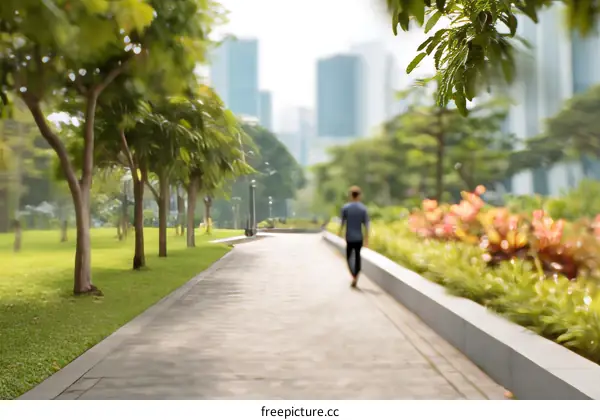 Urban park pathway with a person walking