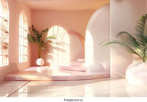 Pastel Pink Interior Design Illustration with Sunlight and Plants